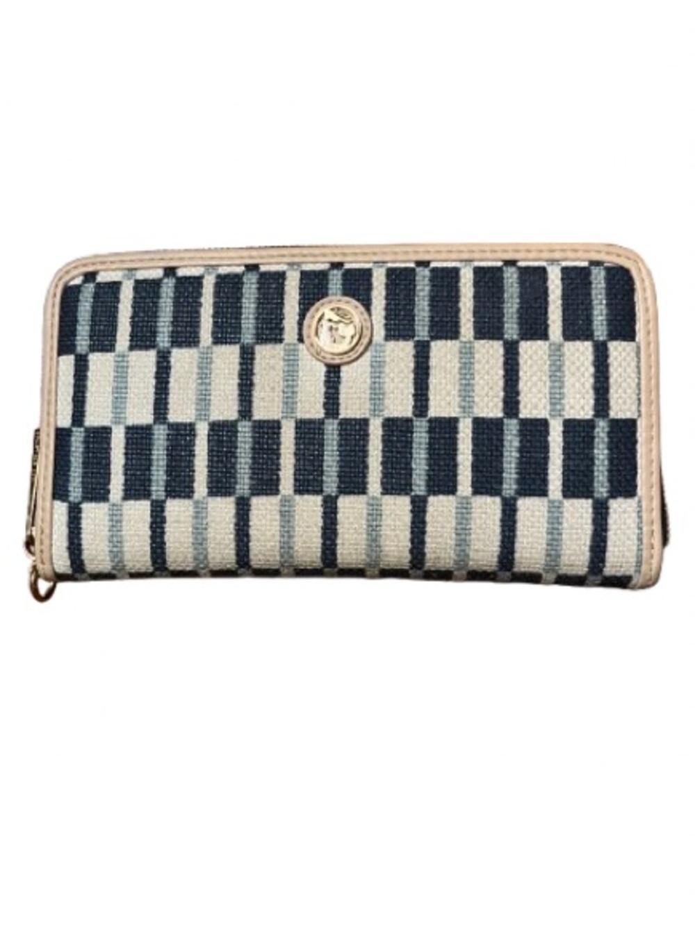 Spartina Natural Linen Genuine Leather Navy and Cream Zip-Around Wallet